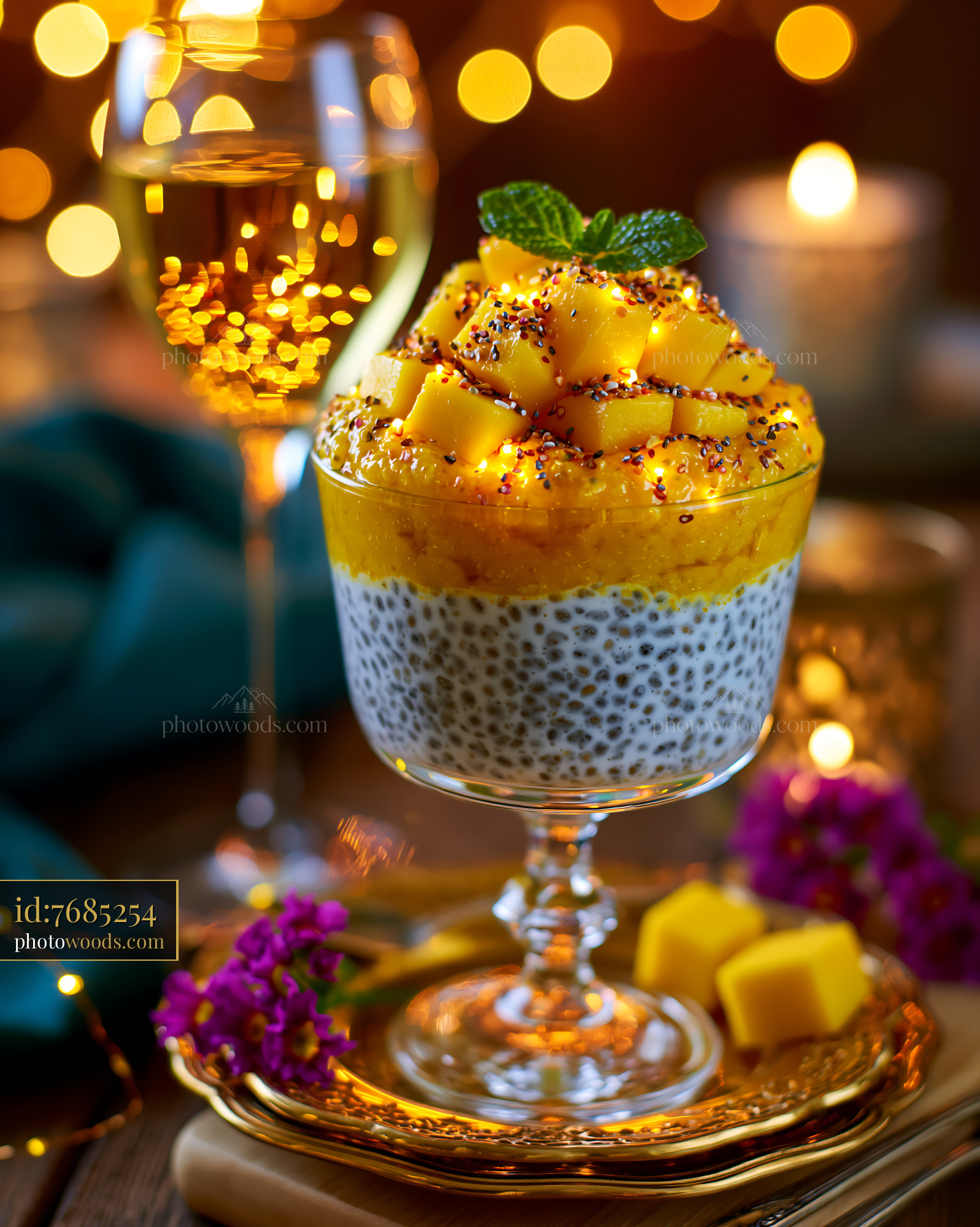 Coconut Chia Pudding With Mango Puree and Festive Background