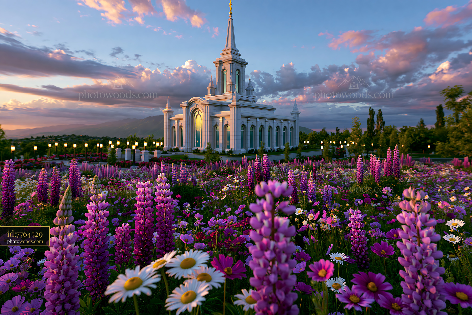 Oquir Temple With Colorful Flowers During Sunset in Oquir, Utah