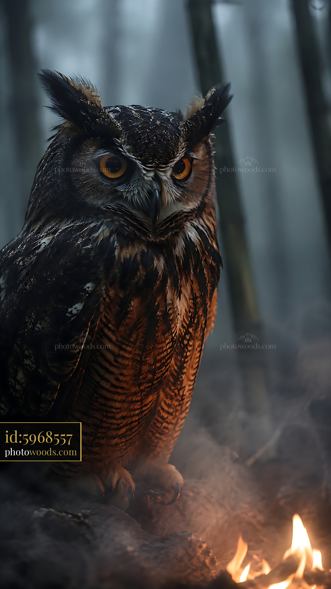 Owl Standing Near Fire in Dark Forest Setting With Smoke
