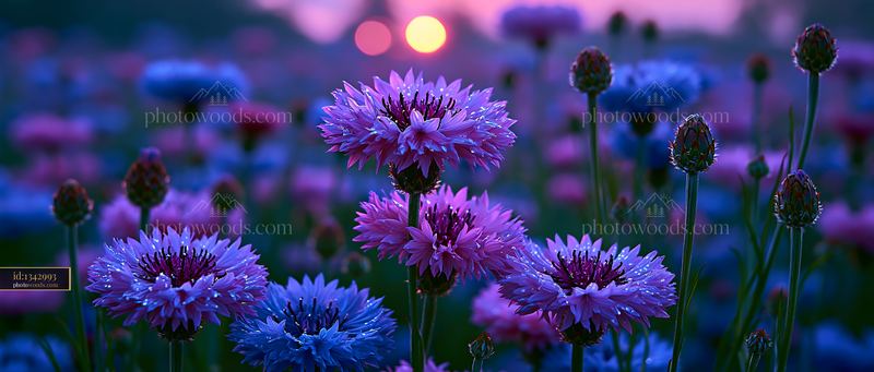 Flowers Bloom in a Field at Sunset With Purple Hues and Light