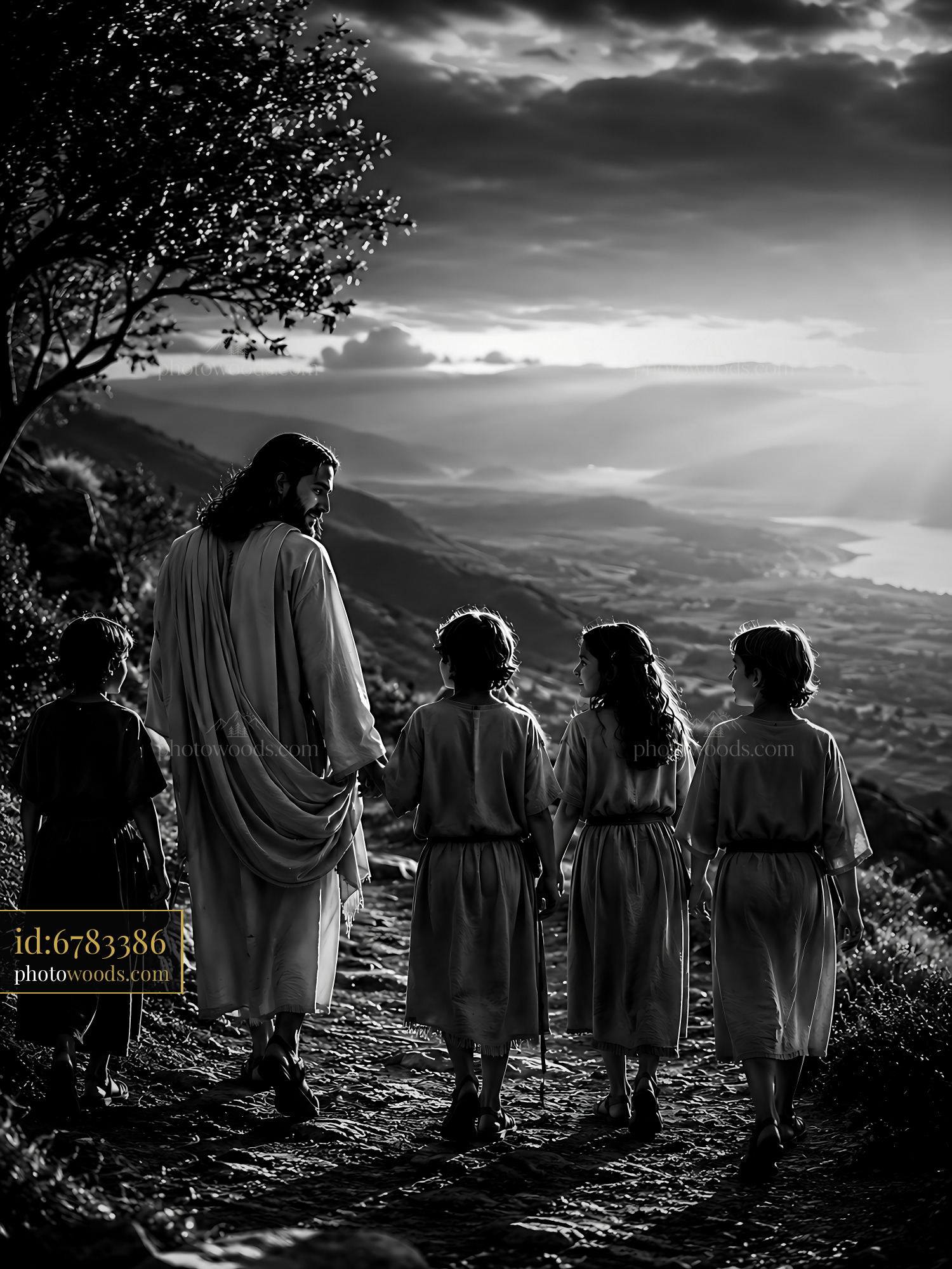 Children Walking With a Man on a Path During Sunset