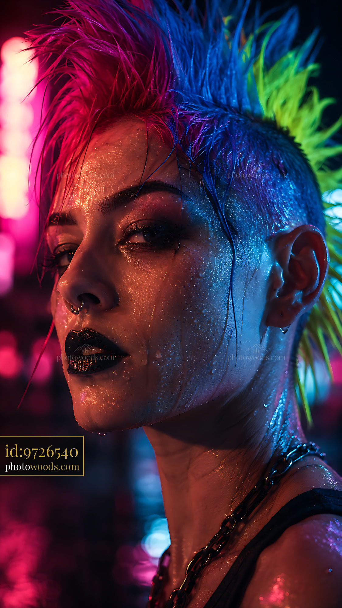 Person With Colorful Hair and Bold Style Poses in Neon Lights