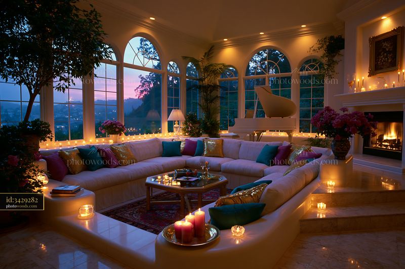 Contemporary Living Room With Sunken Seating and Candles at Dusk