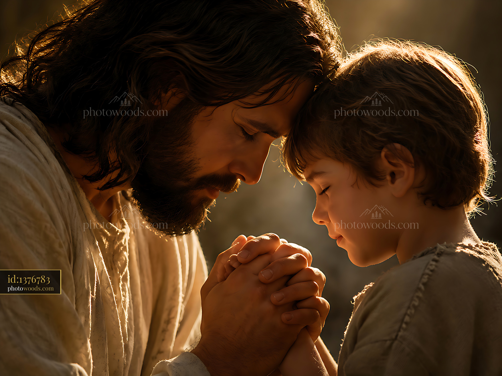 Man and Child Pray Together in Soft Light With Closed Eyes