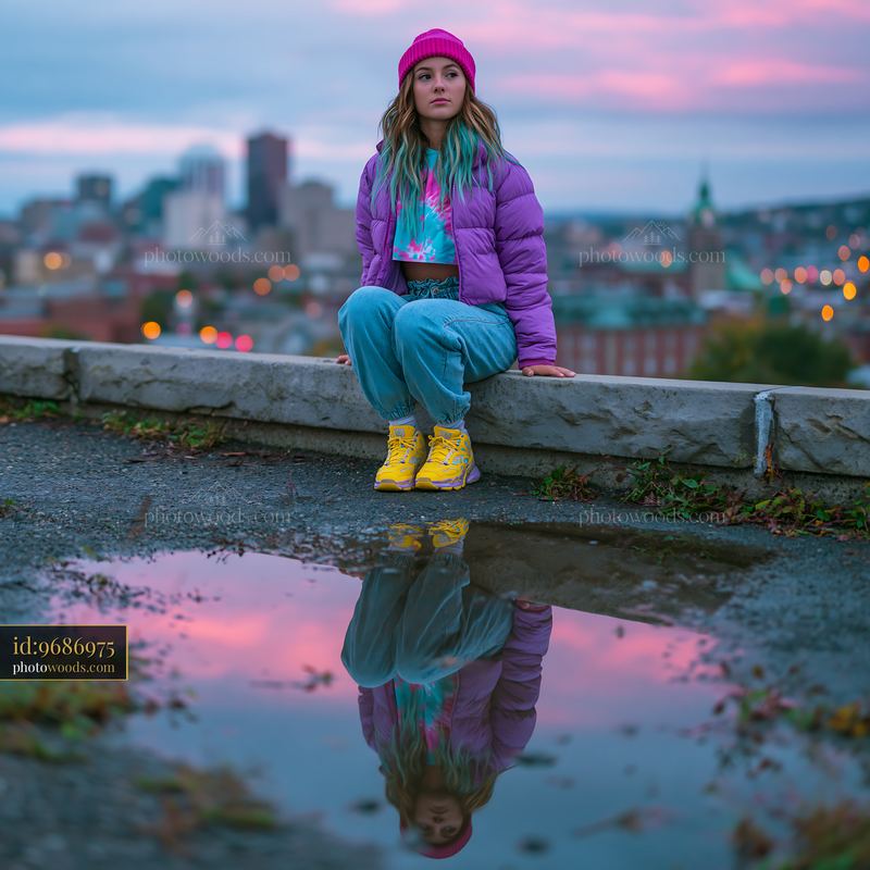 Striking Woman in Cropped Puffer Jacket Sitting Near City Skyline