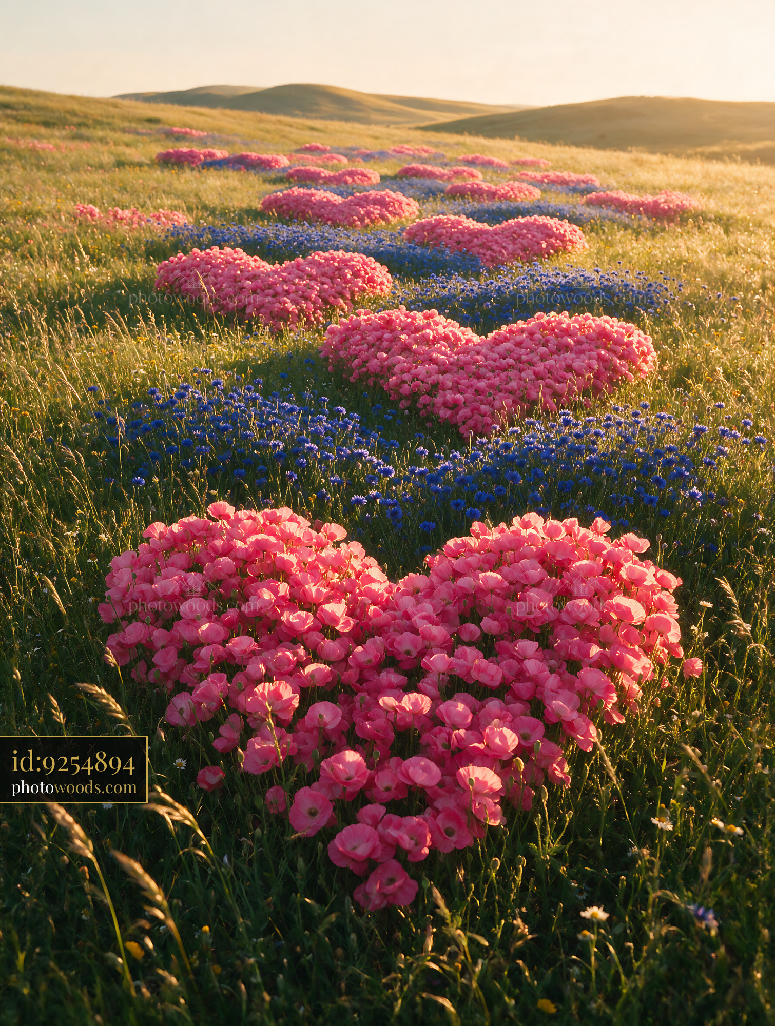 Pink and Blue Wildflowers in Heart Shapes on a Sunny Afternoon