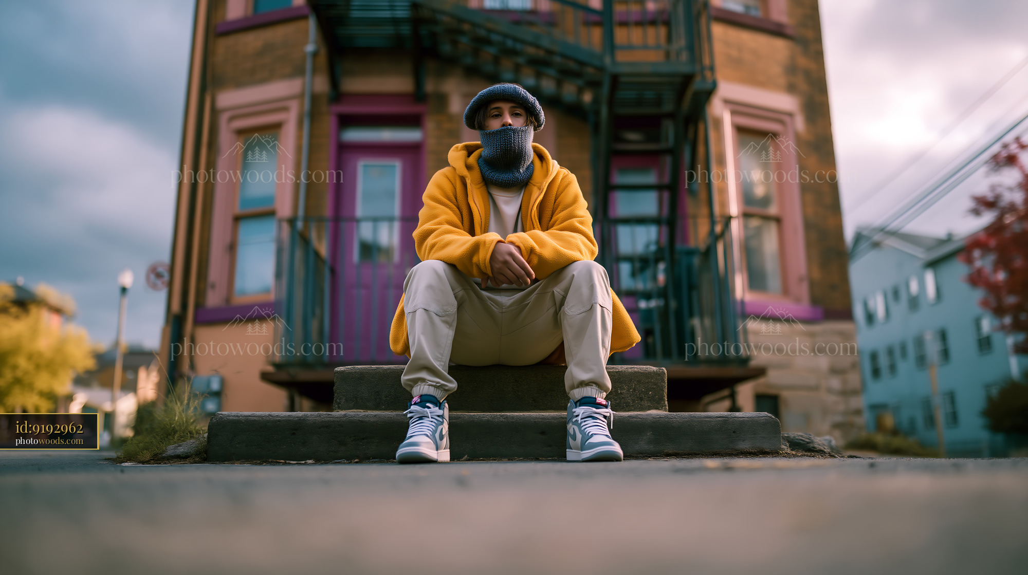 Young Man Sitting on Steps in Front of Building During Autumn