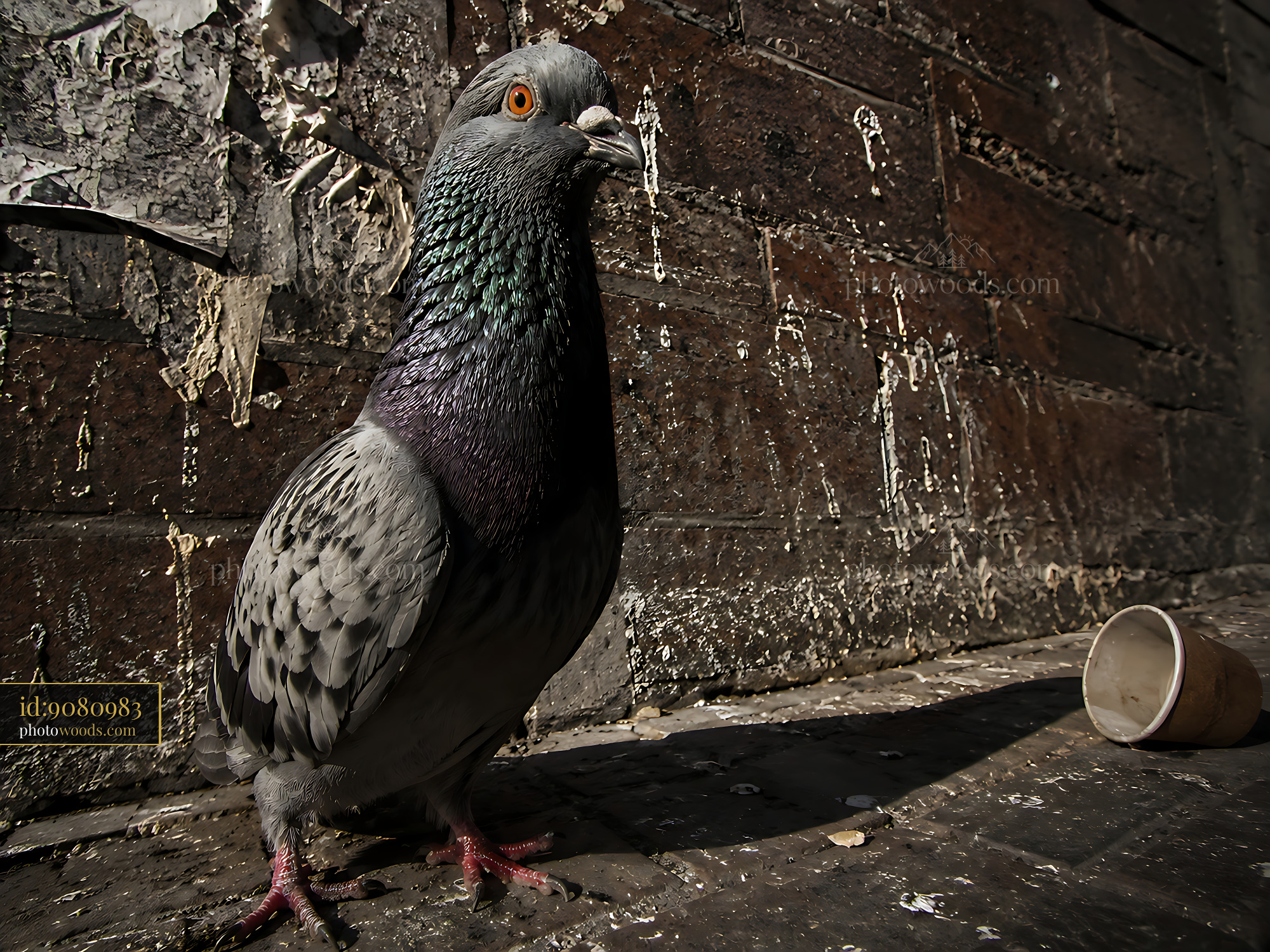 Pigeon Stands on a Gritty Surface Near Old Brick Wall