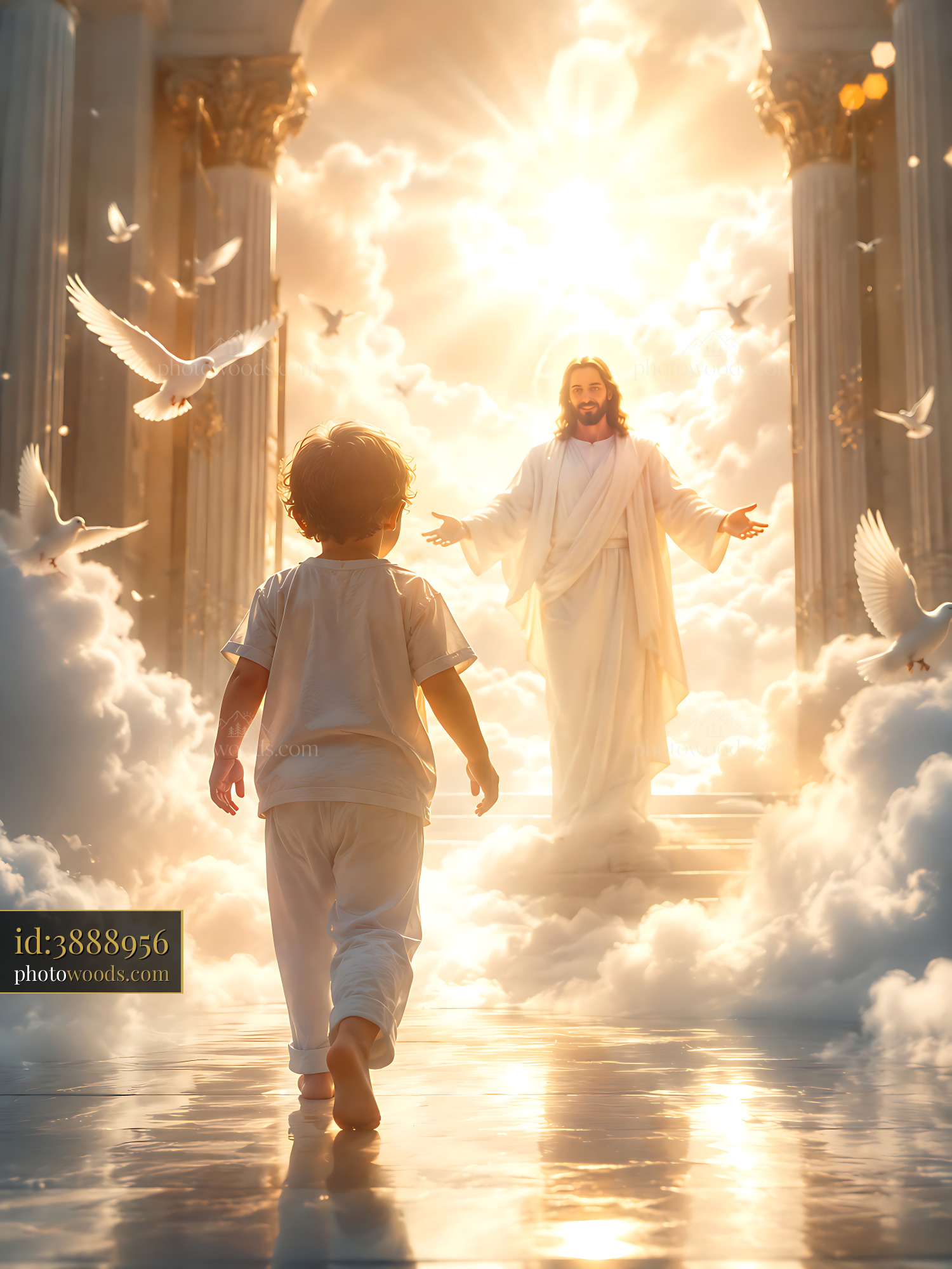Child Walks Toward Figure in Light Surrounded by Doves