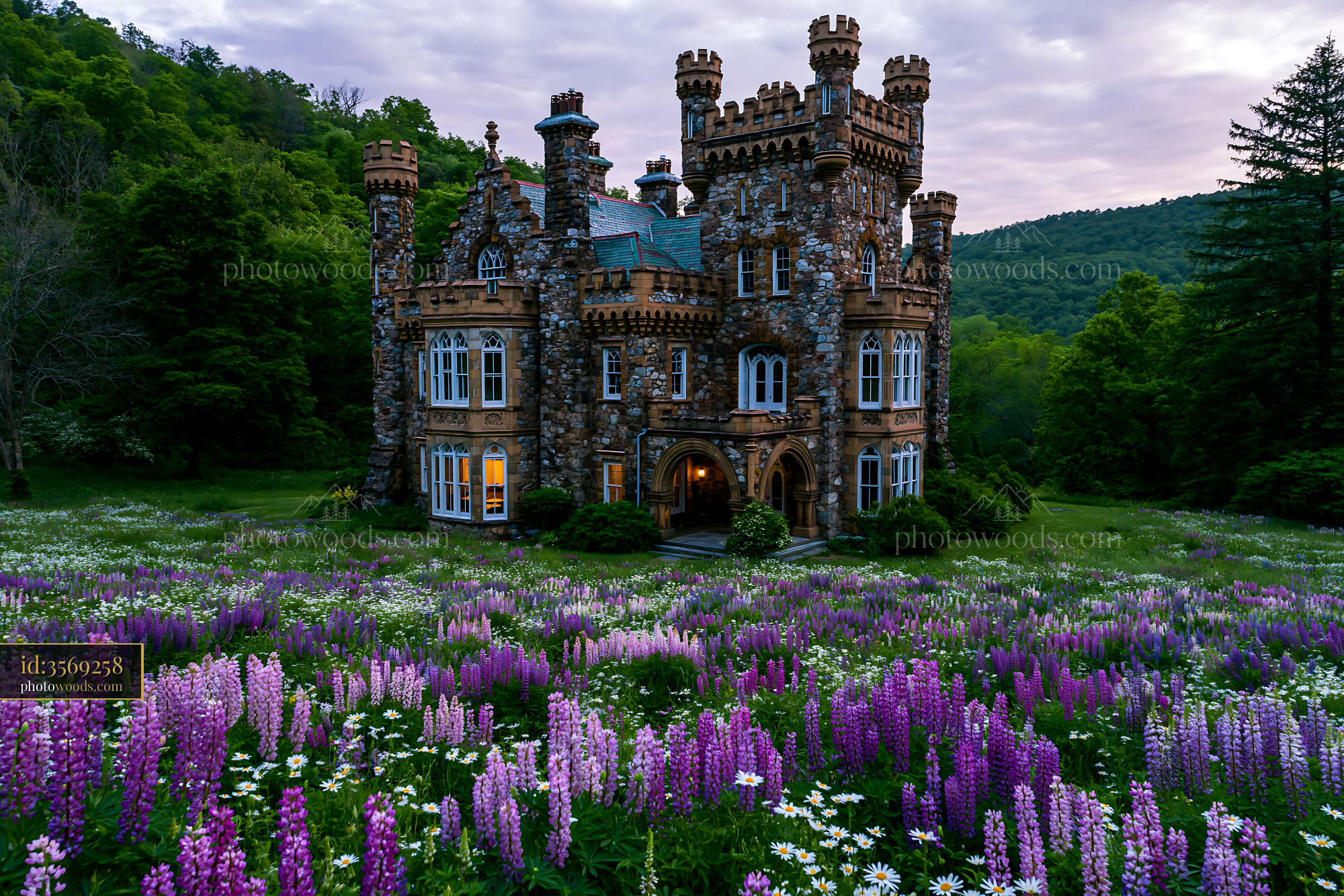 Castle Surrounded by Wildflowers in the Mountains at Sunset