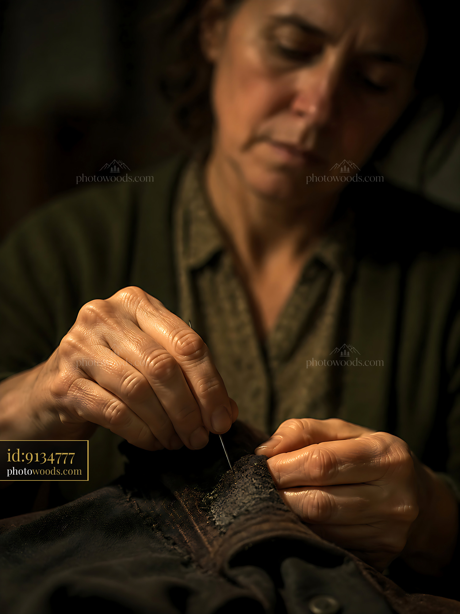 Woman Sewing Garment With Needle and Thread in Dimly Lit Room