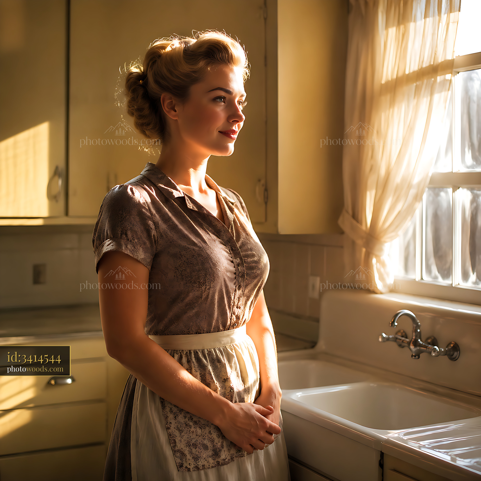 Woman Standing by Sink in Kitchen, Light Coming Through Window
