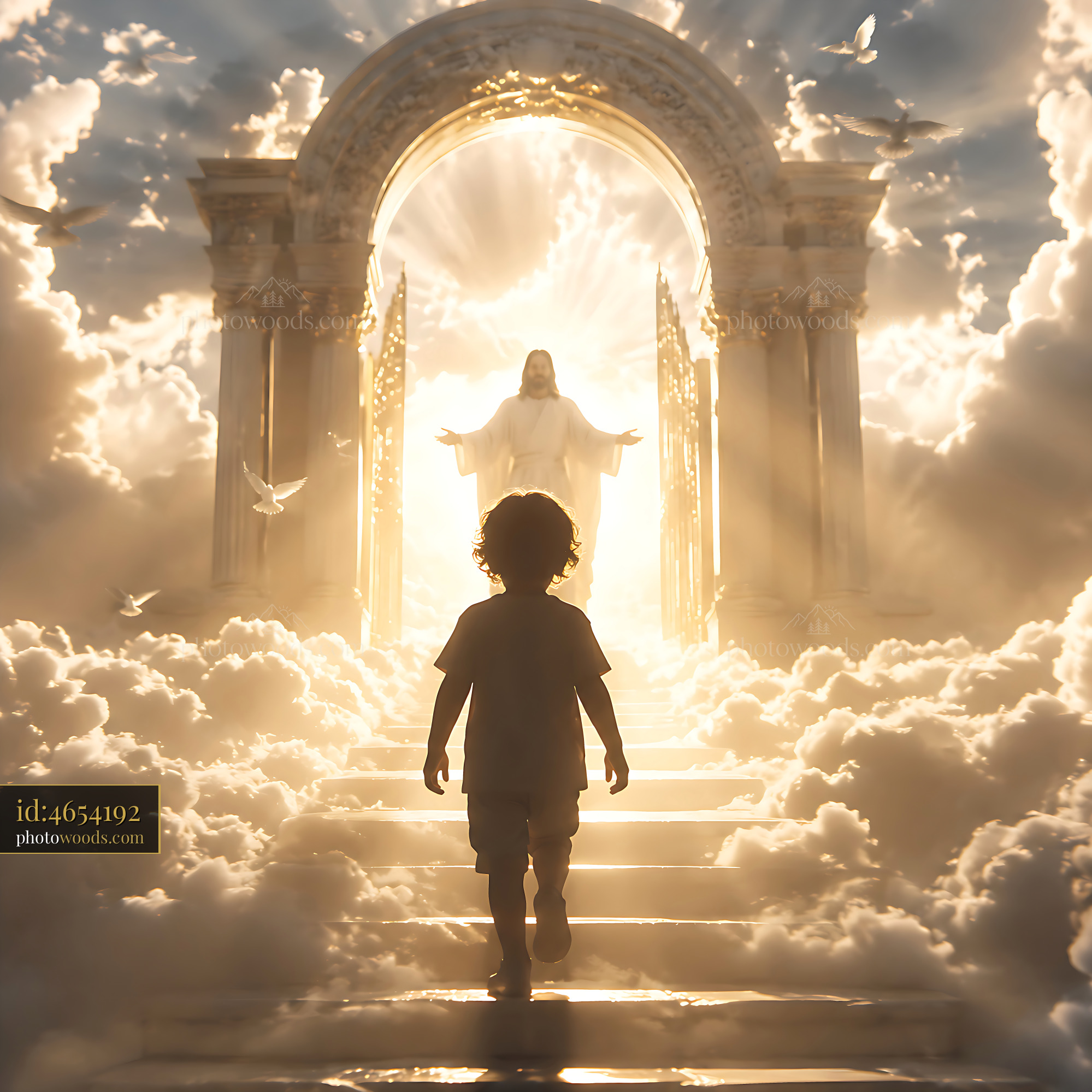 Child Walking Towards Bright Light and Open Doors in Clouds