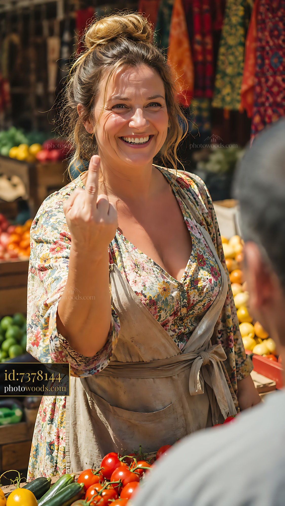 Woman Smiling and Showing Finger Gesture at Market Stall