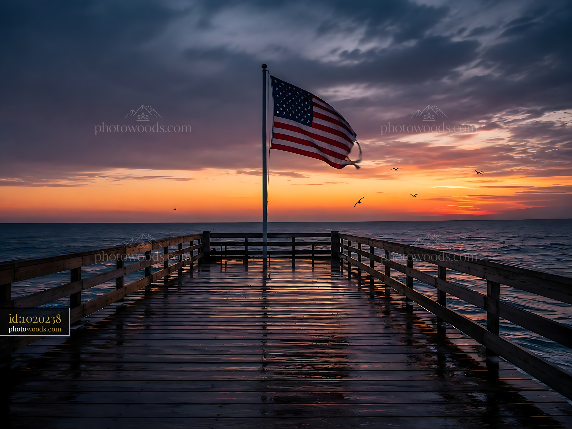 Pier With American Flag at Sunset Over the Ocean Waves