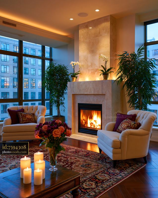 Modern Living Room With Travertine Fireplace and Cozy Decor