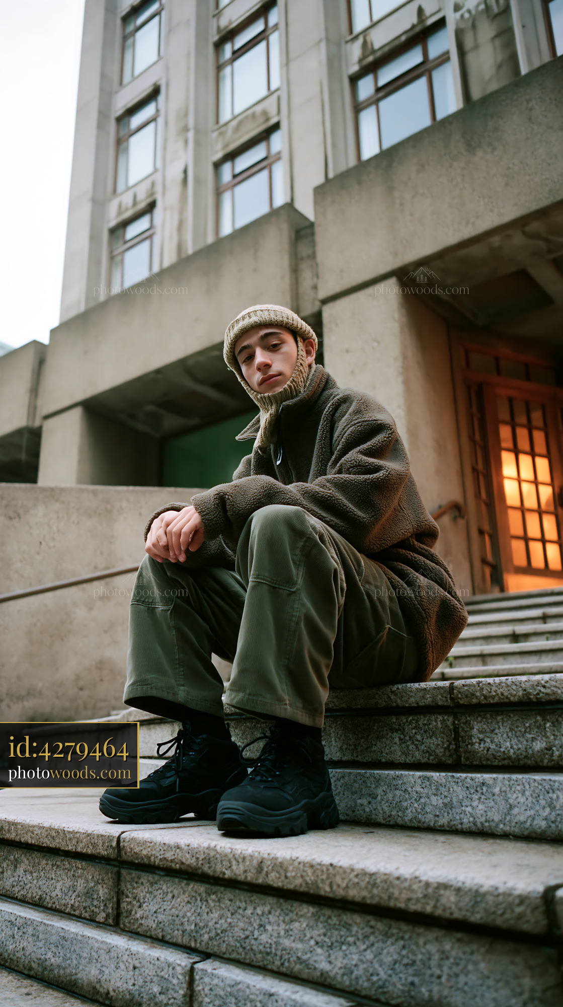Young Man in Knitted Balaclava Sitting on Steps at Sunset