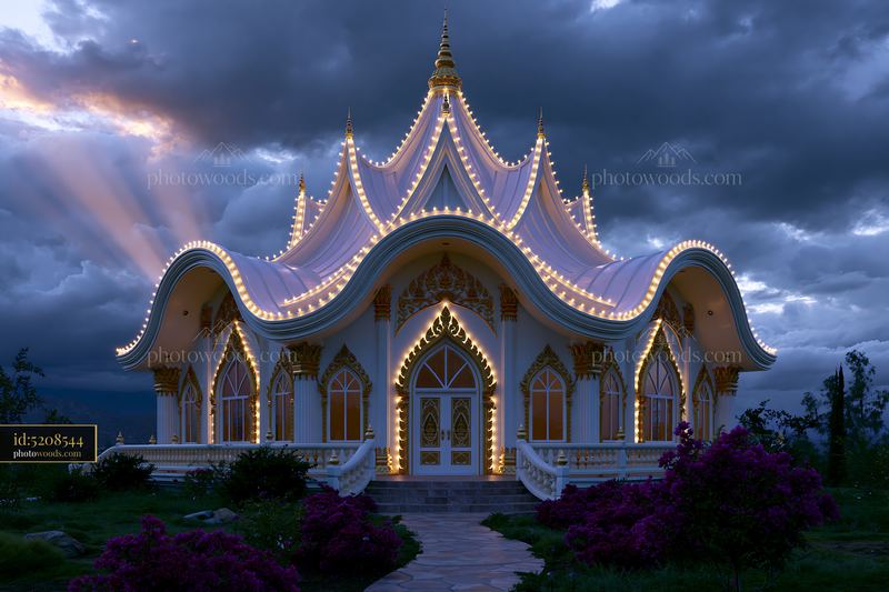 Ornate illuminated temple beneath dramatic storm clouds