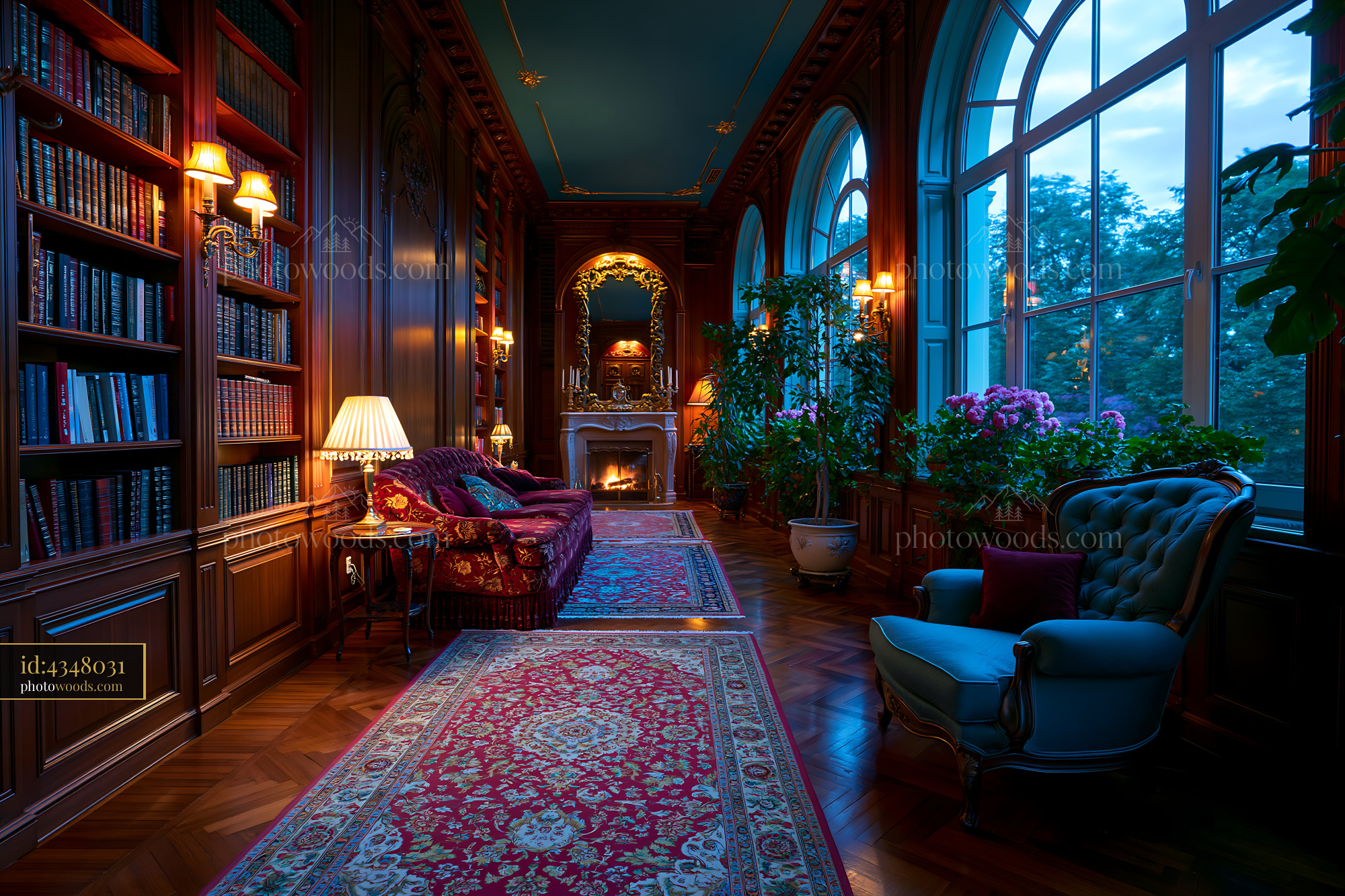 Cozy Luxury Den With Walnut Paneling and Warm Lighting in Evening