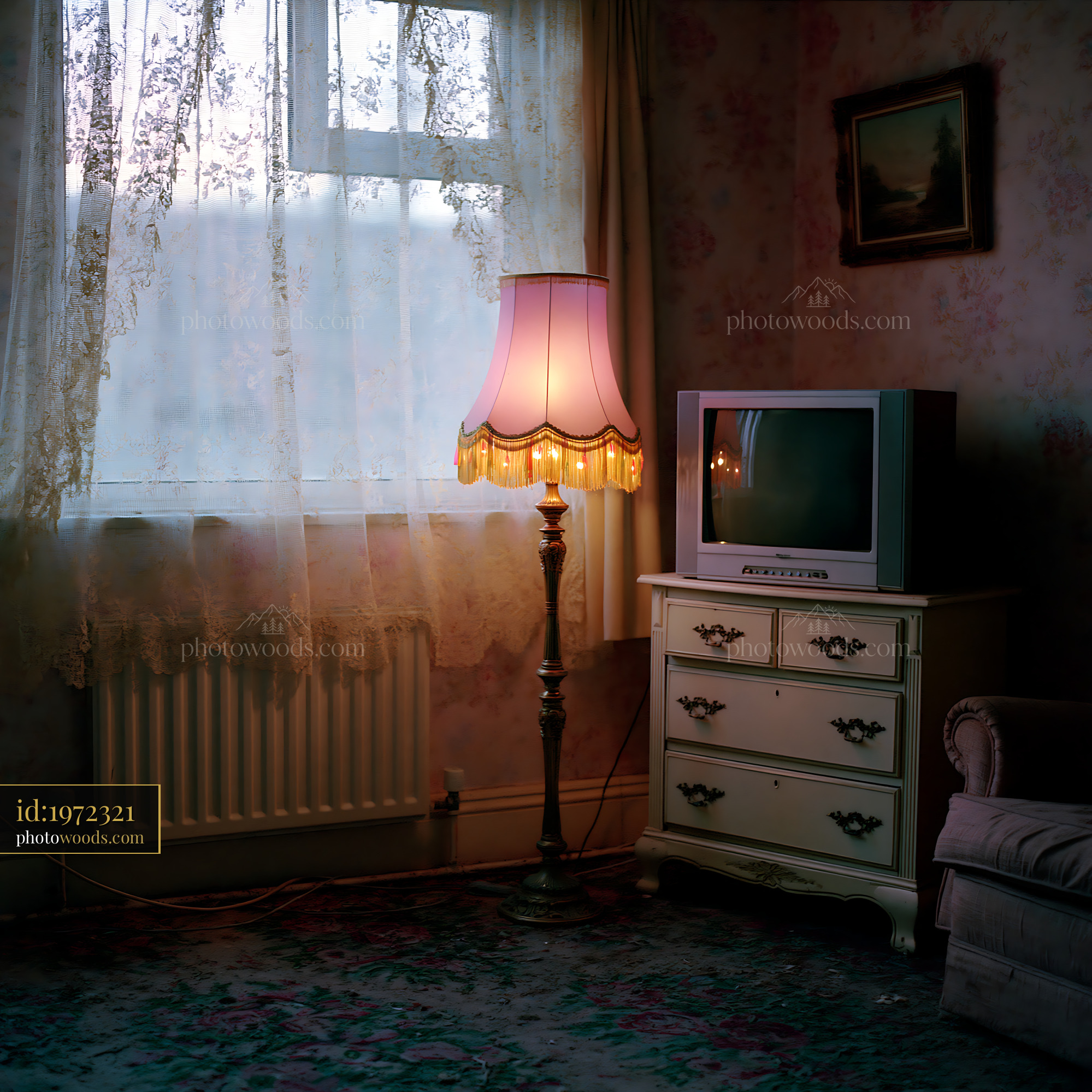 Living Room With Vintage Decor and Lamp, Natural Light in the Evening