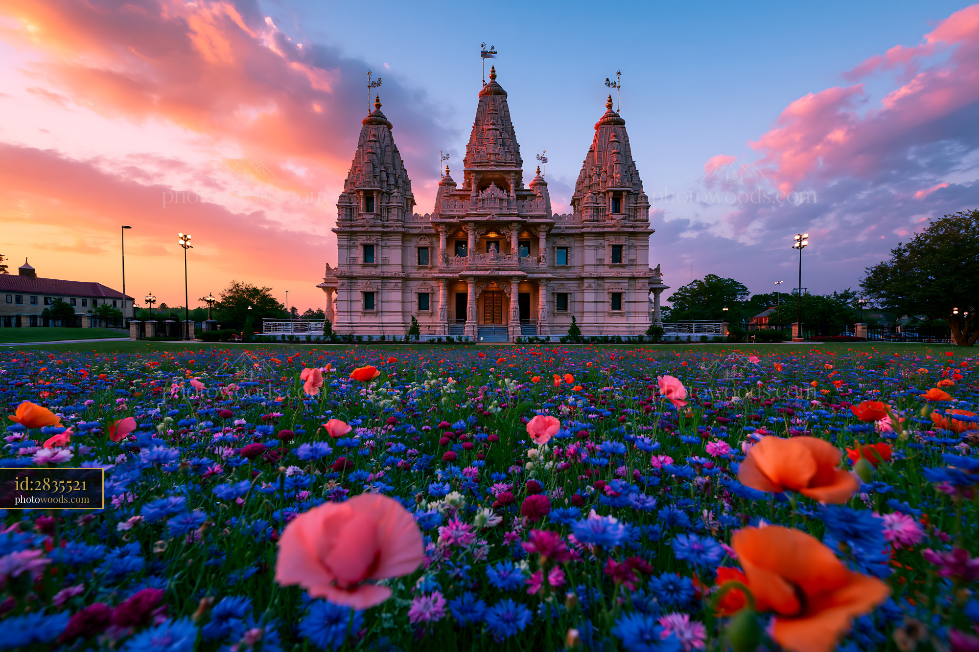 BAPS Swaminarayan Mandir, Floral Landscape at Sunset, Bartlett, USA