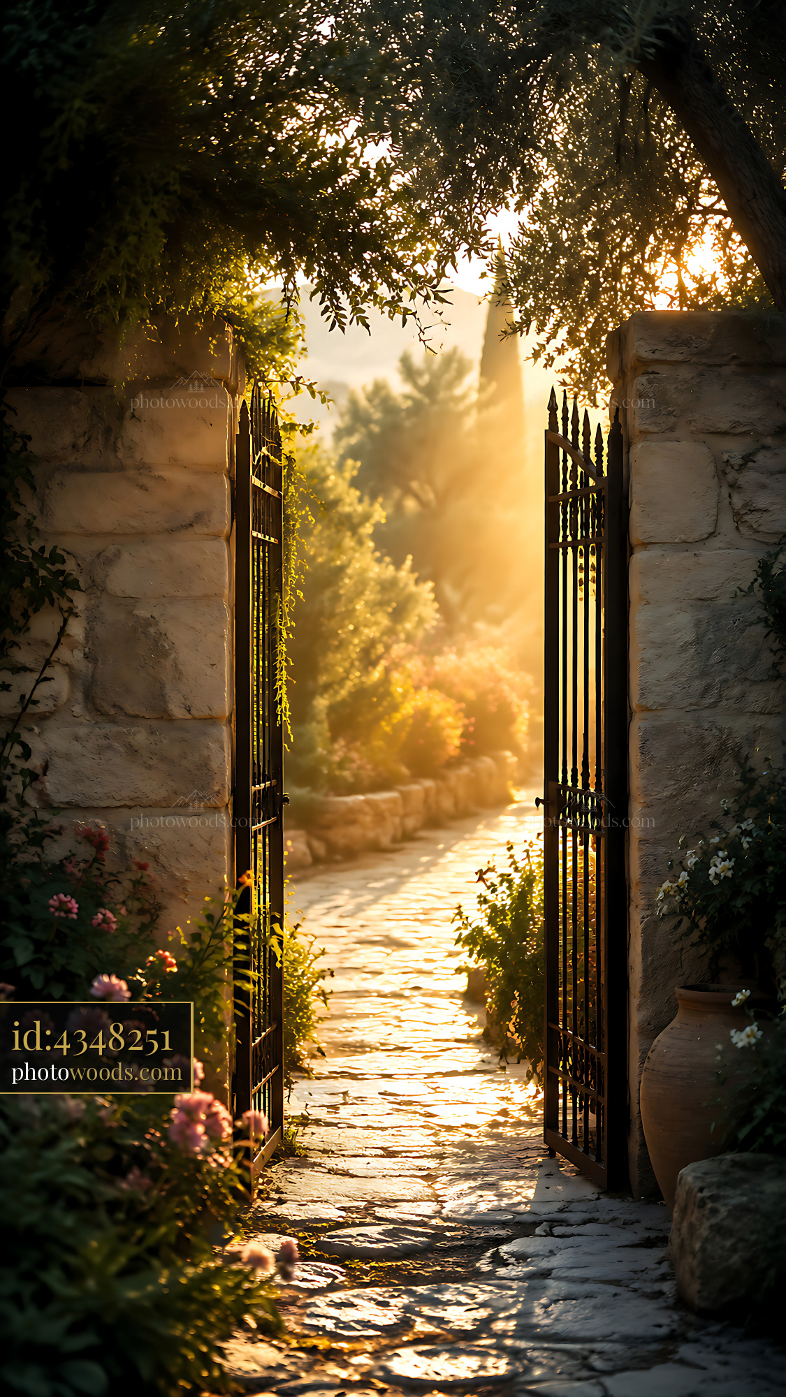 Gate Opens to Sunlit Path Lined With Flowers and Greenery