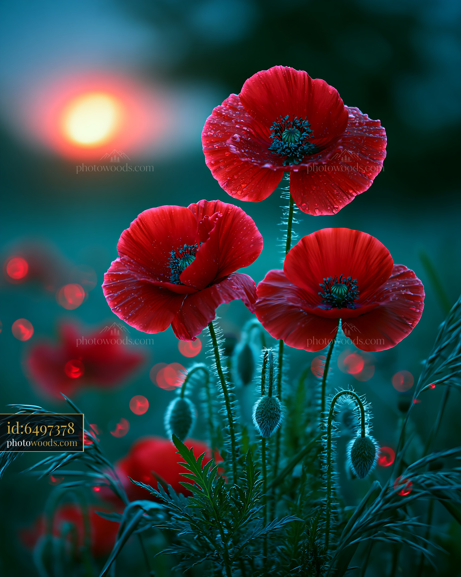 Poppies Bloom at Sunset Highlighting Red Flowers in the Field
