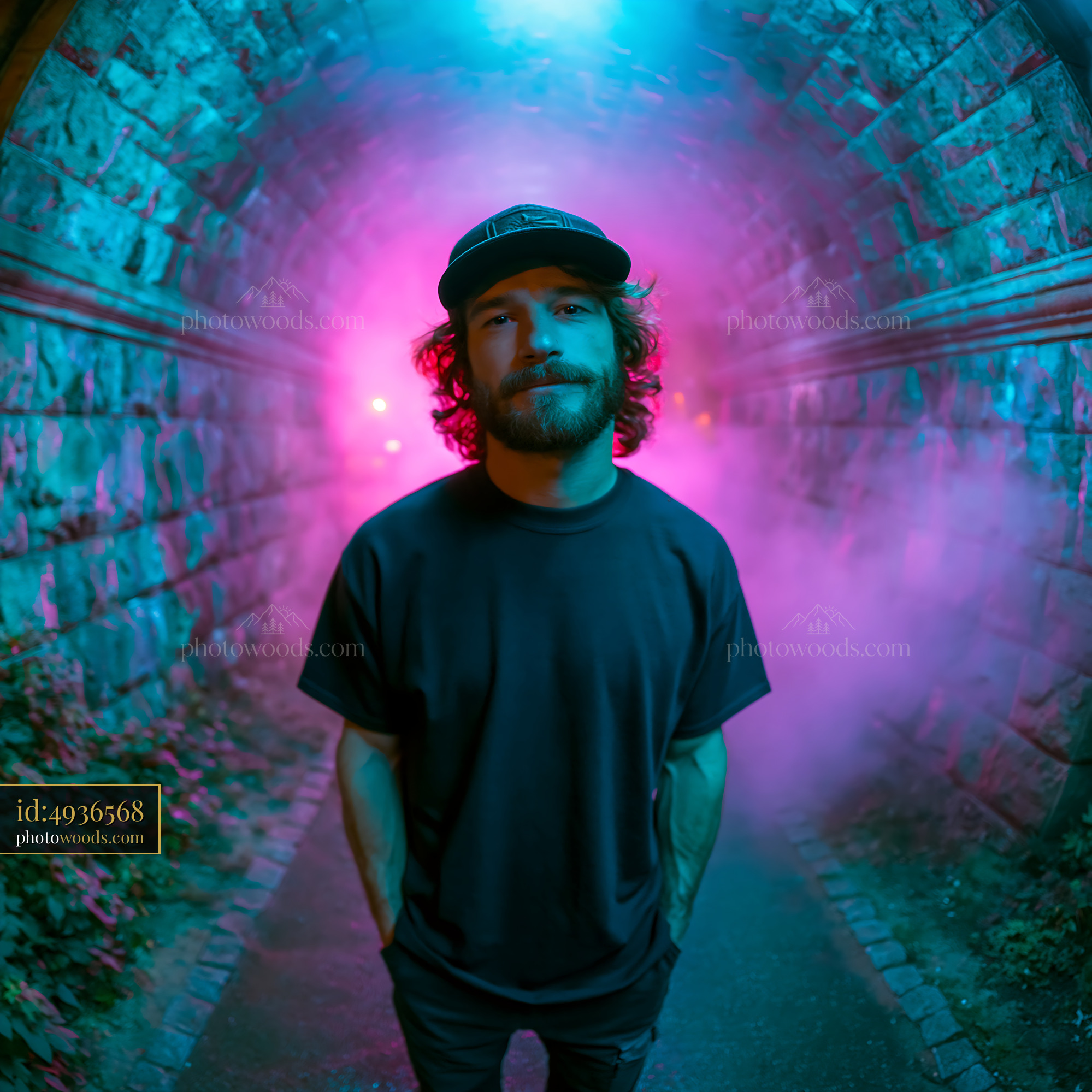 Skater Man in a Colorful Tunnel With Fog and Lights at Night