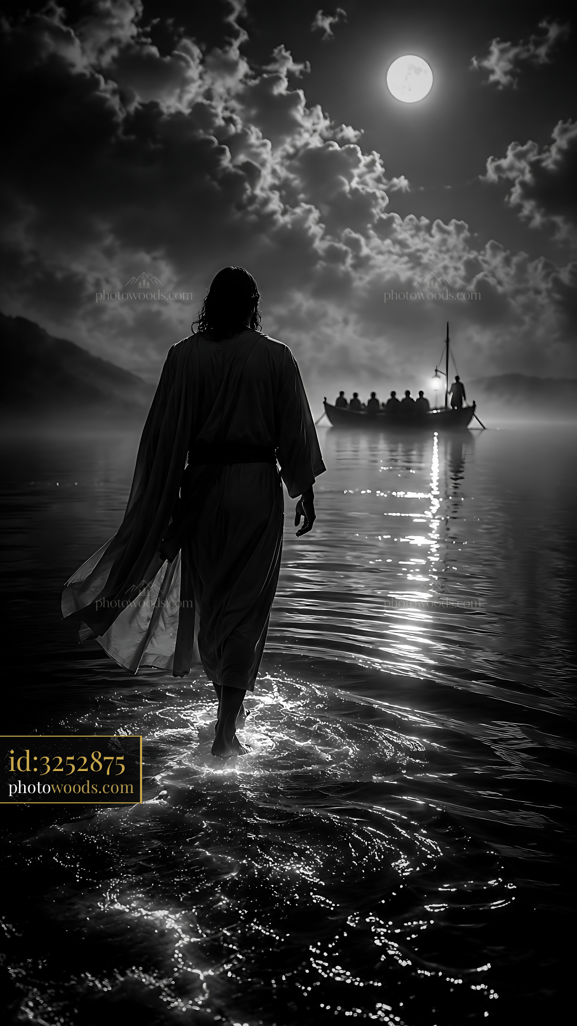 Figure Walking on Water Under Moonlight With Boat in Distance