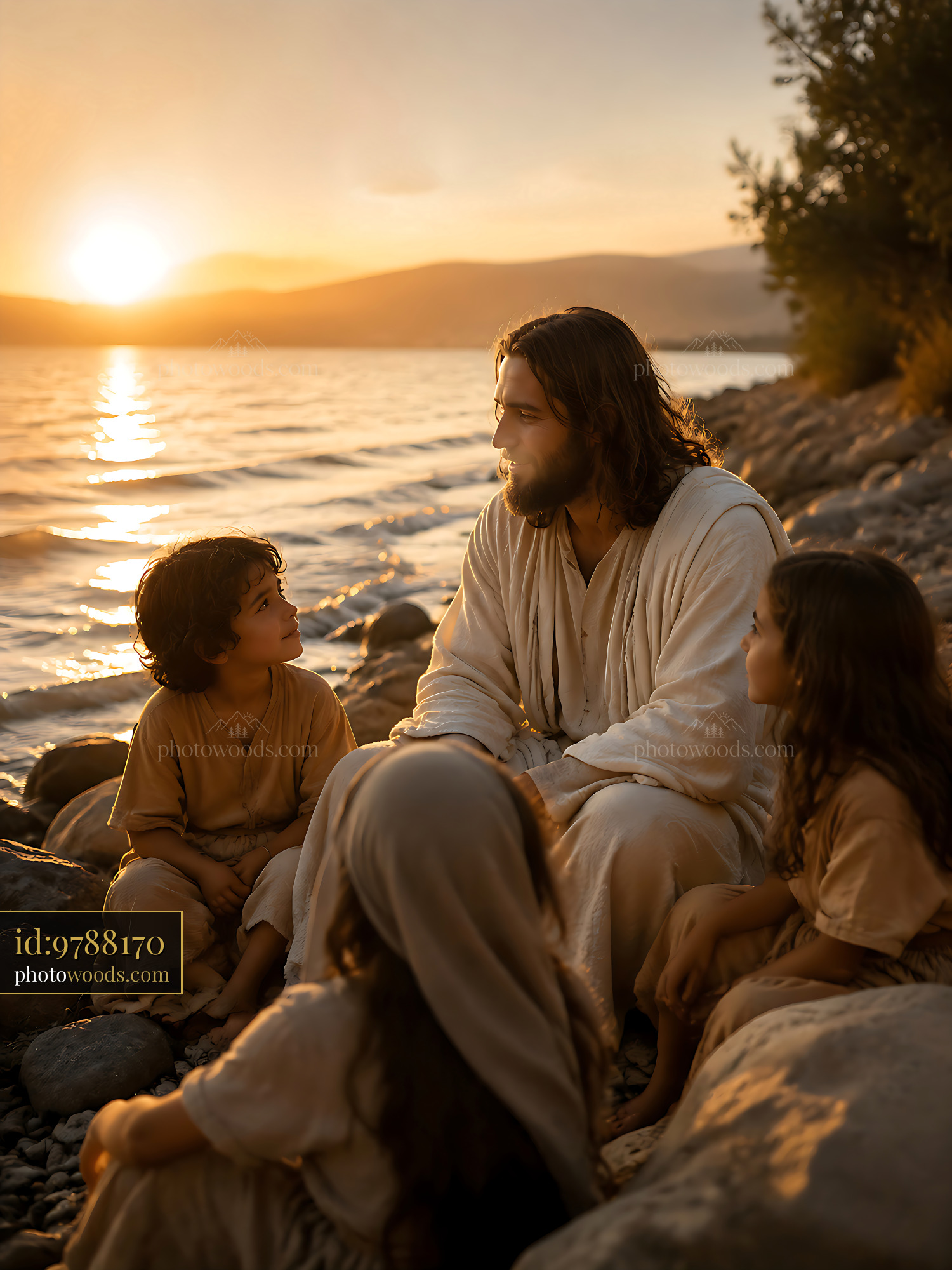 Jesus Talks With Children by the Lake During Sunset Hours