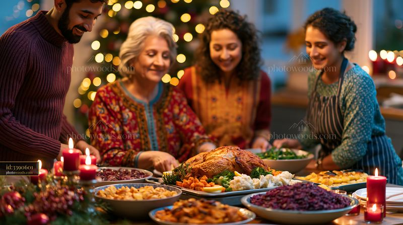 Family Preparing Traditional Festive Food Together Around a Table