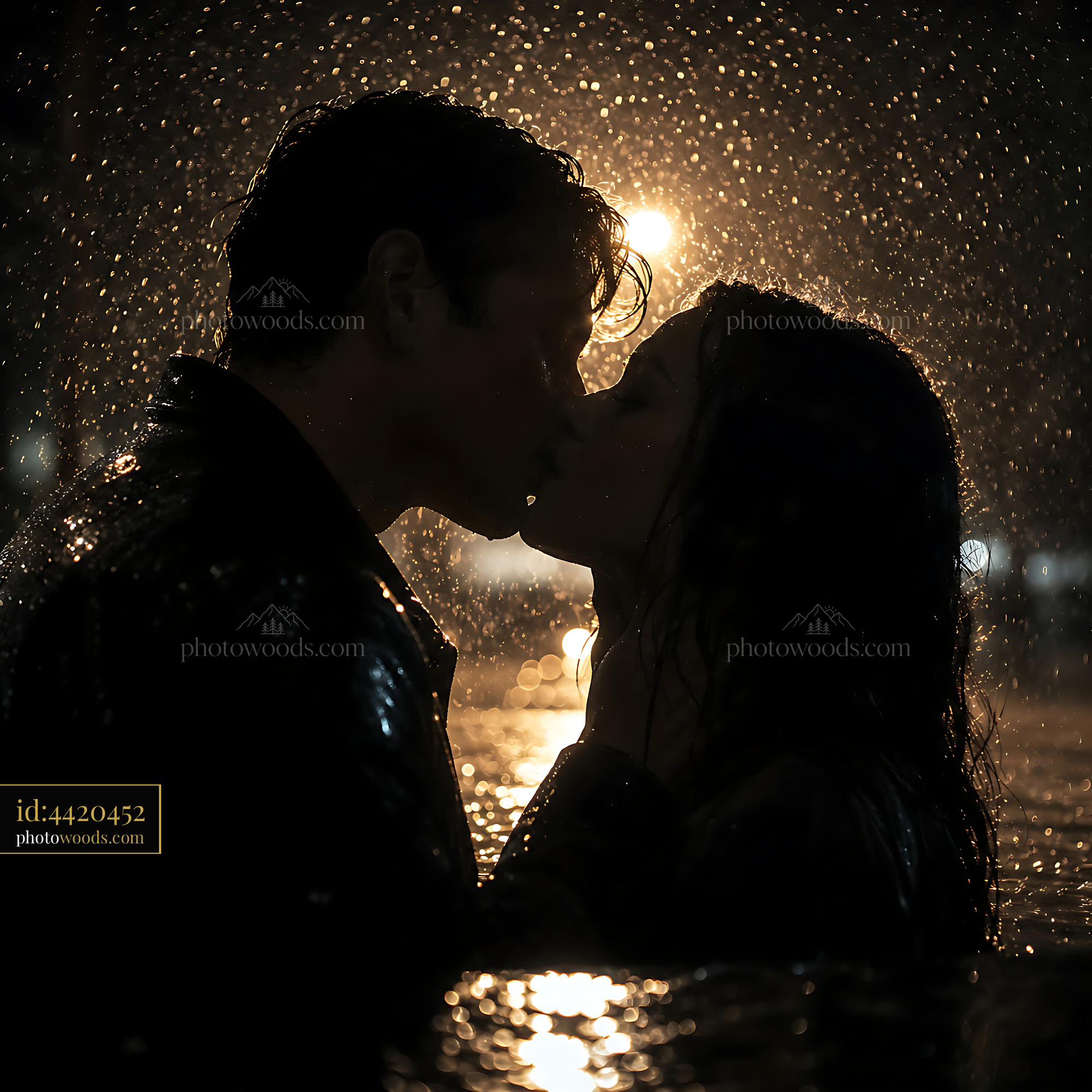 Couple Kissing in Rain at Night Under Streetlight Glow