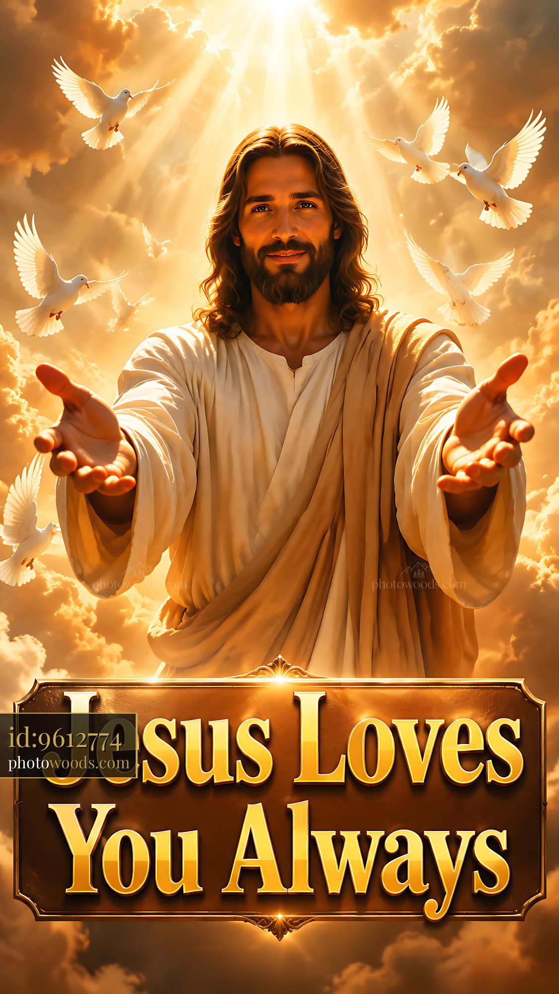 Jesus Offers Love and Hope to All With Open Arms and Doves