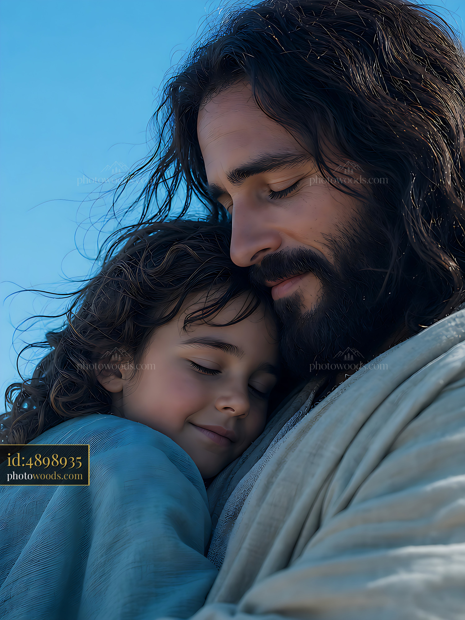 Man and Child Embrace in Warm Sunlight on a Clear Day