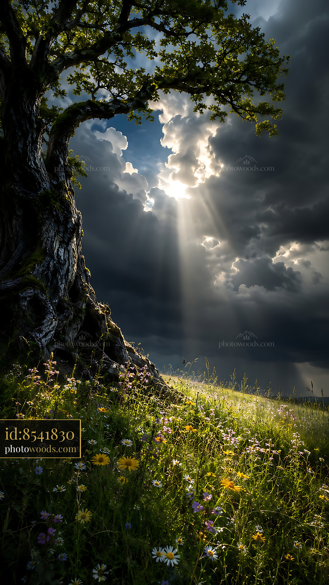Tree Stands in Field Under Cloudy Sky With Sunlight Breaking Through