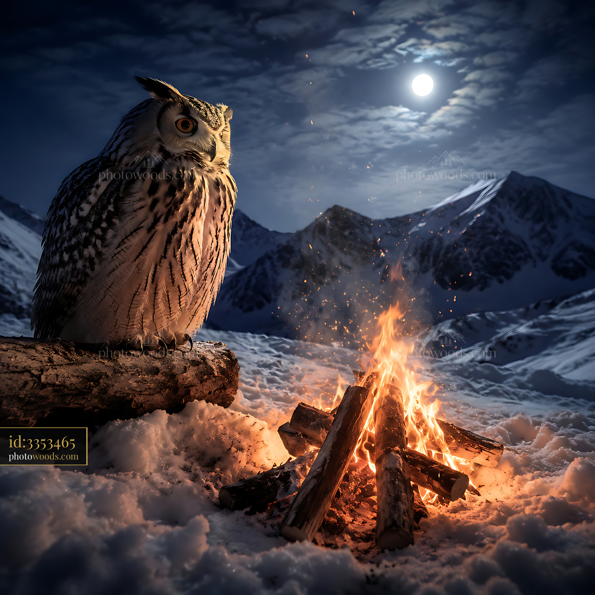 Owl Sits by Fire in Snowy Landscape Under Full Moon