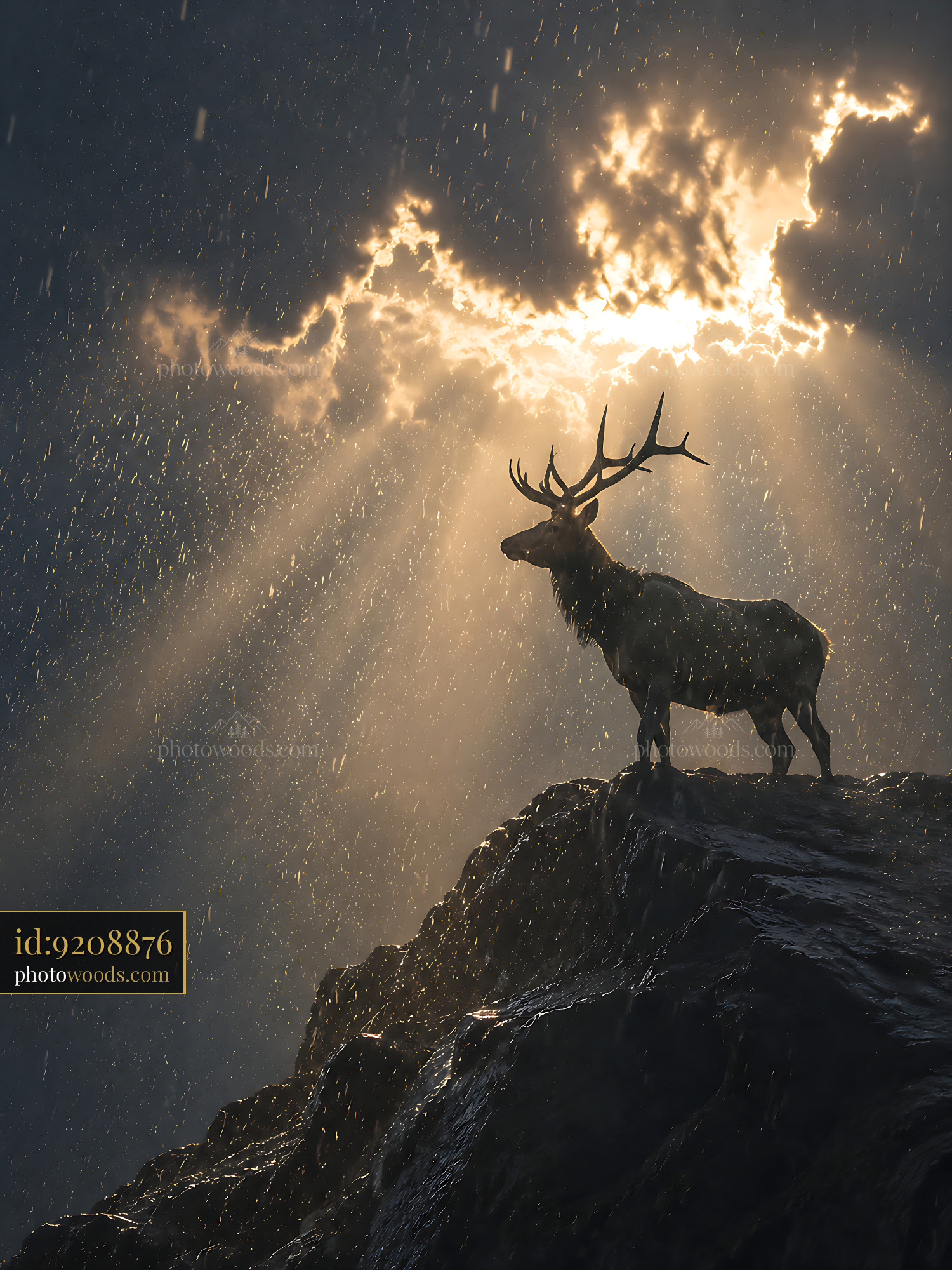 Elk Stands on Rock Under Rain With Sun Rays Shining Through Clouds
