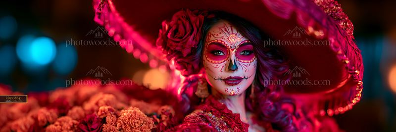 Portrait of a woman with colorful skull face paint and red hat