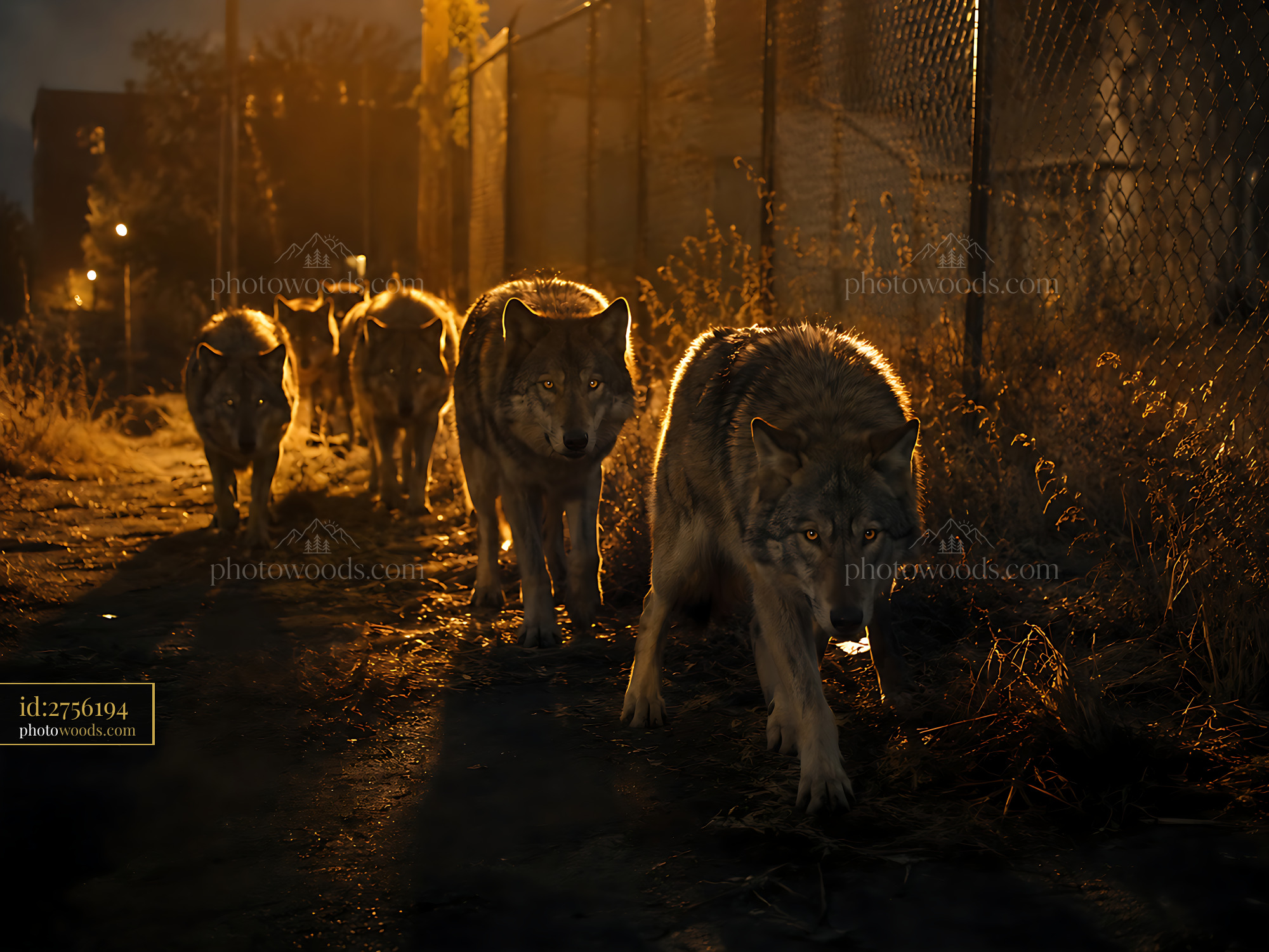 Wolves Walking in Line Through Urban Area at Night