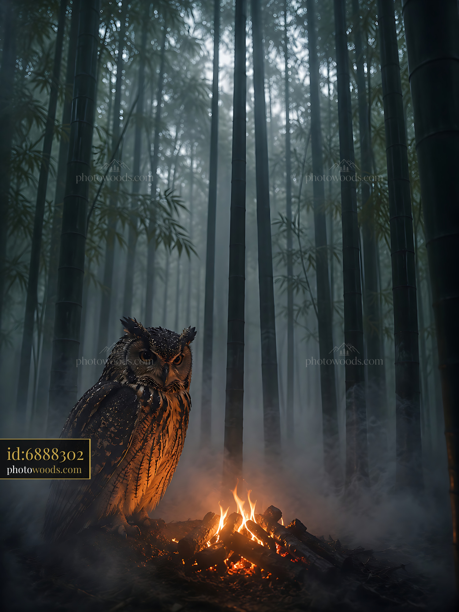 Owl Observes Fire in Bamboo Forest at Night With Fog