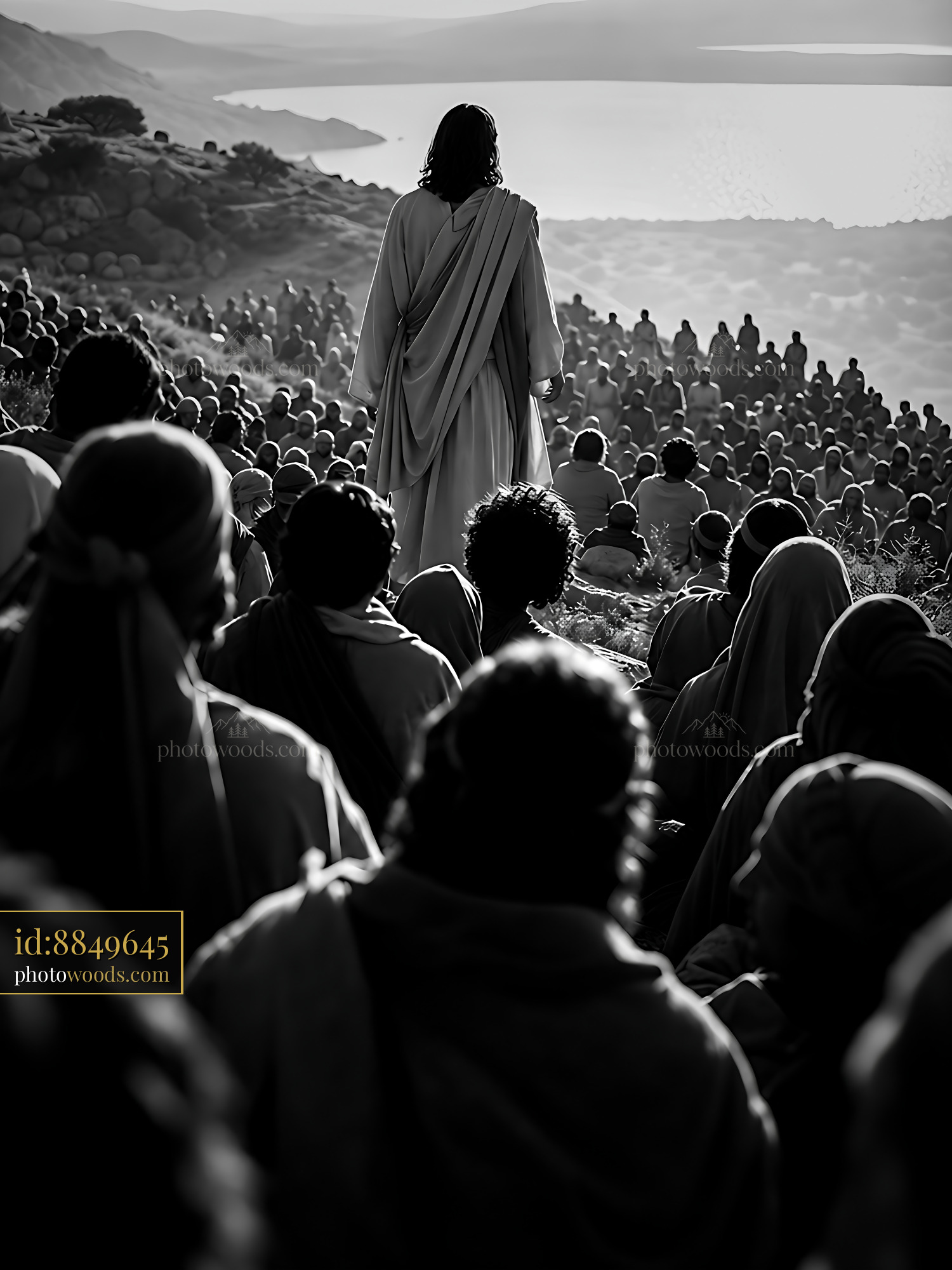 Jesus Stands Before a Large Crowd on a Hillside at Sunset