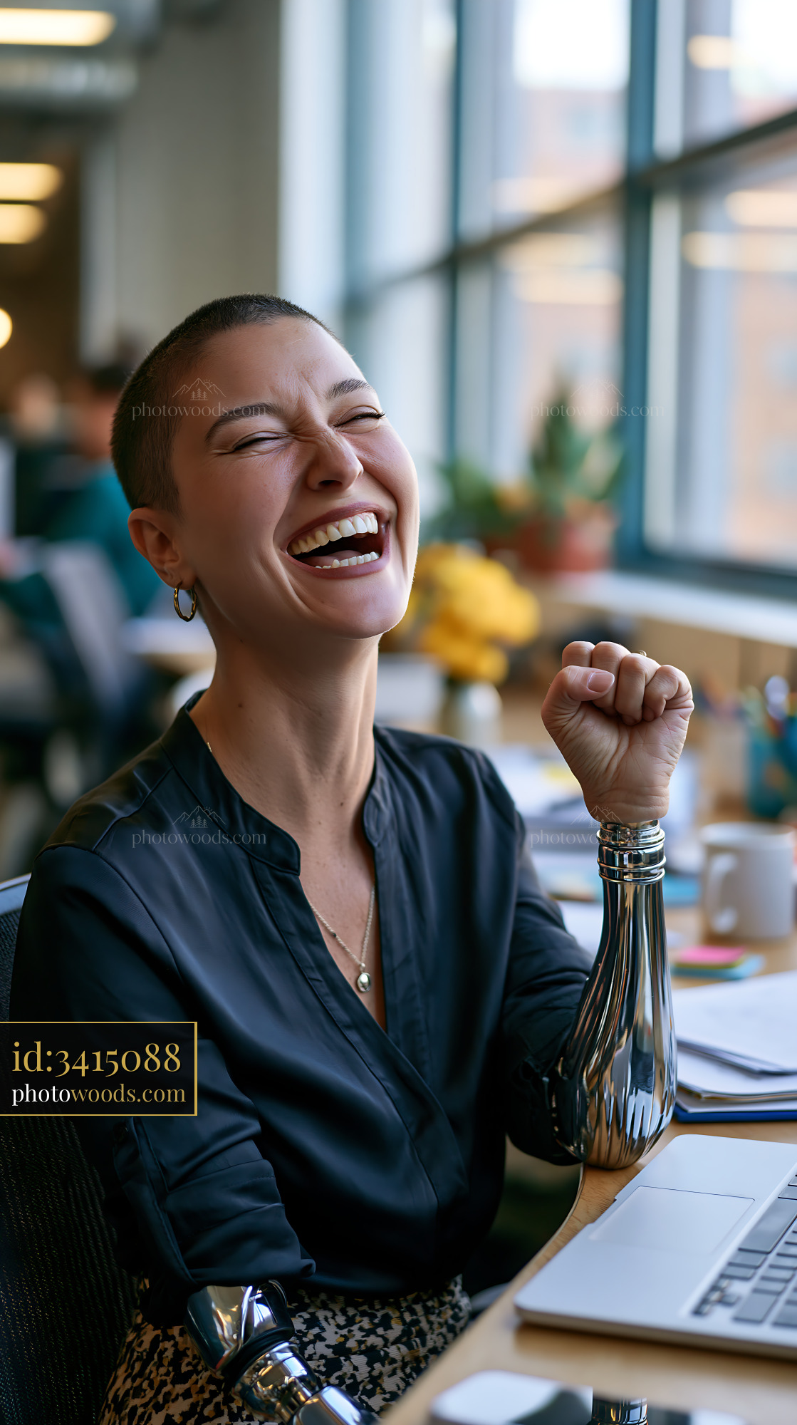 Laughing Businesswoman With Prosthetic Arm in Modern Office Setting