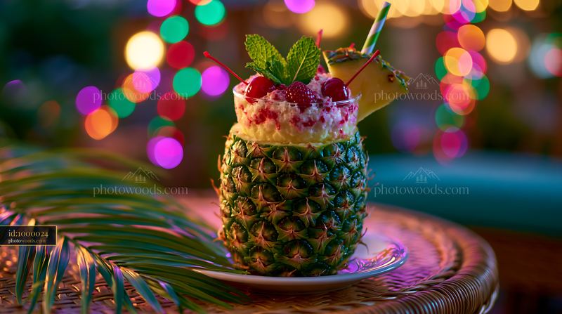 Tropical drink served in a pineapple with colorful background lights