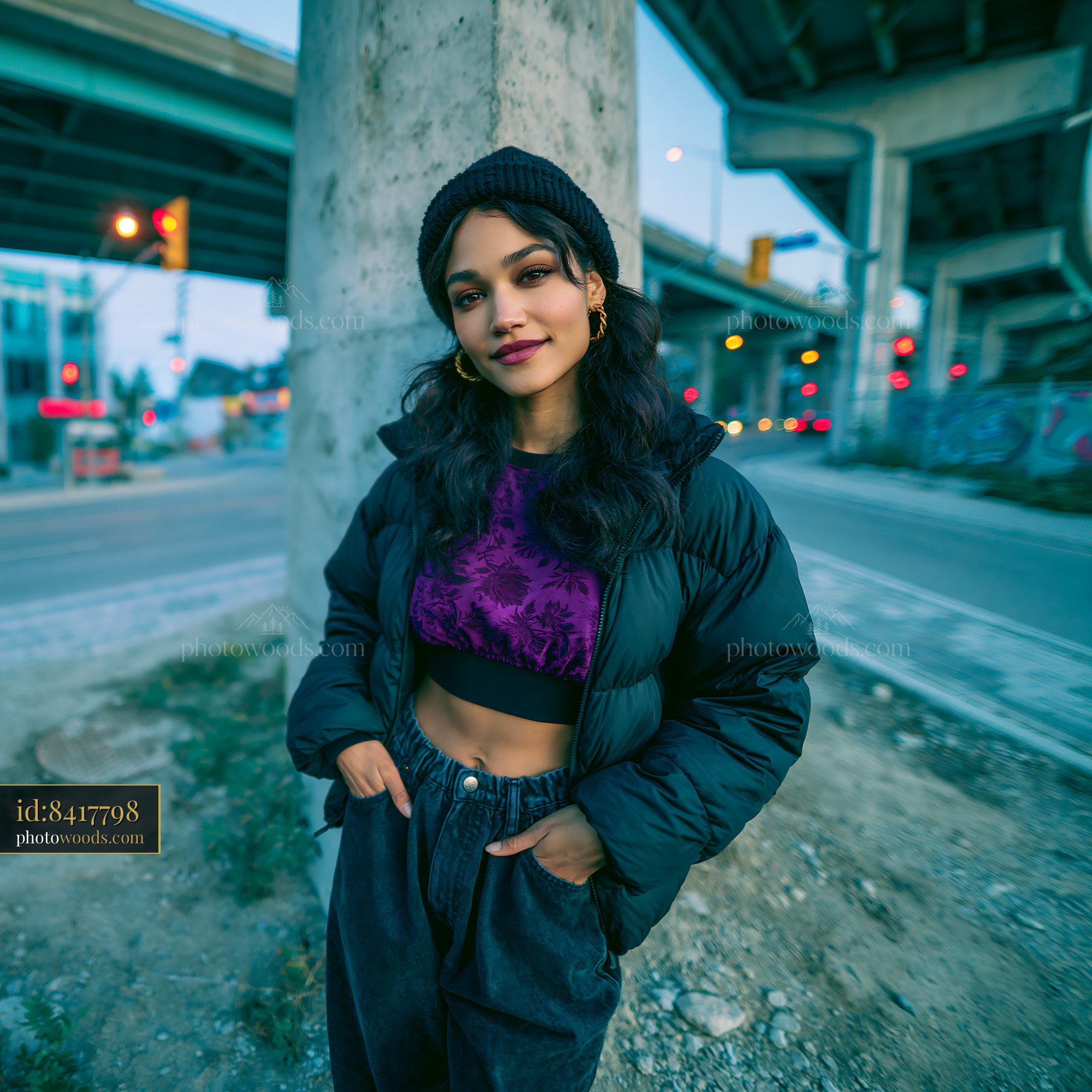 Striking Woman in Cropped Puffer Jacket Near City Overpass
