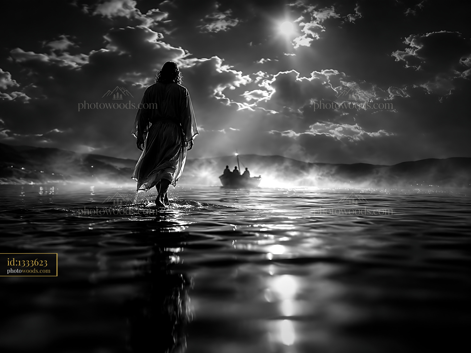 Person Walking on Water Towards Boat Amidst Cloudy Sky