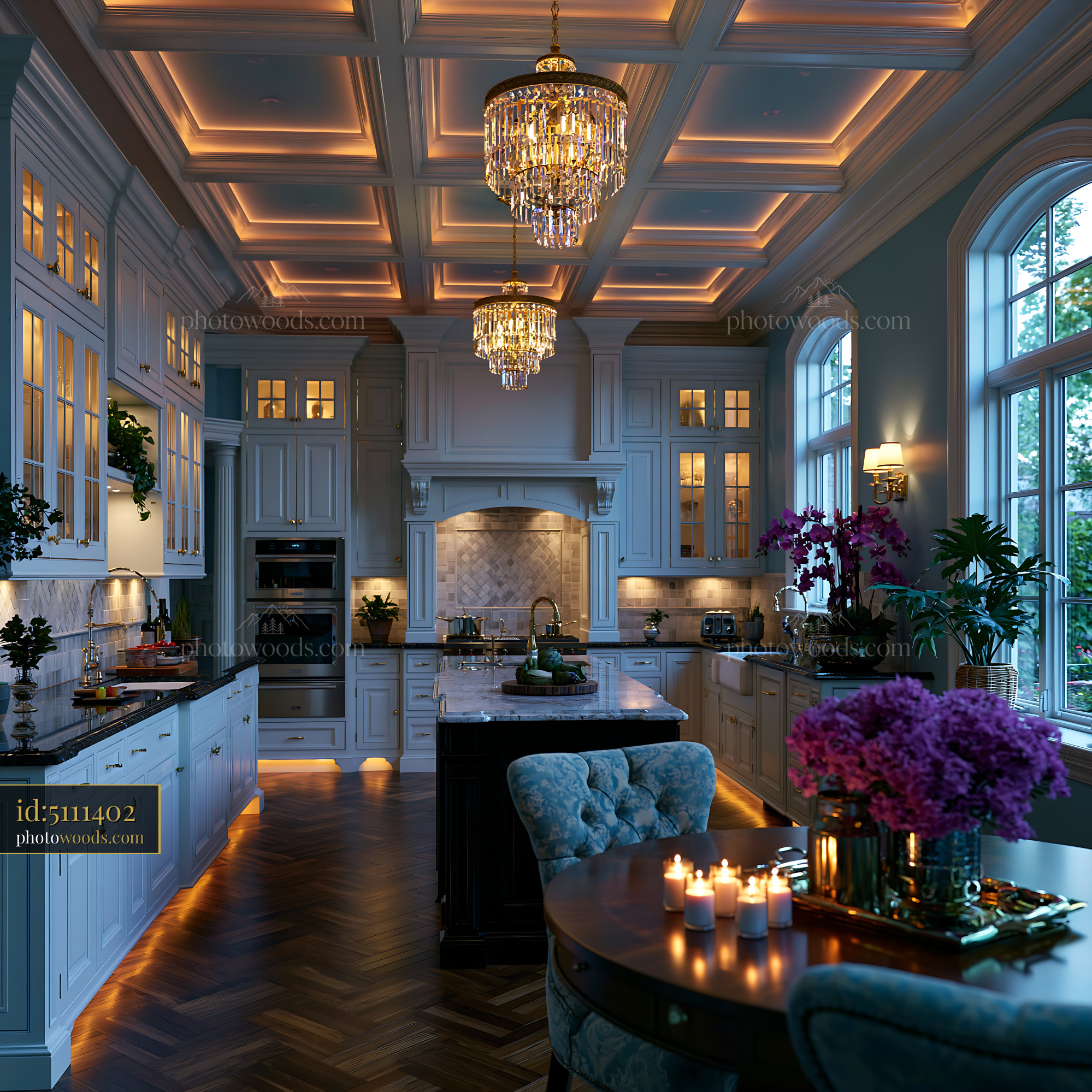 Classic Kitchen With Coffered Ceiling and Elegant Decor