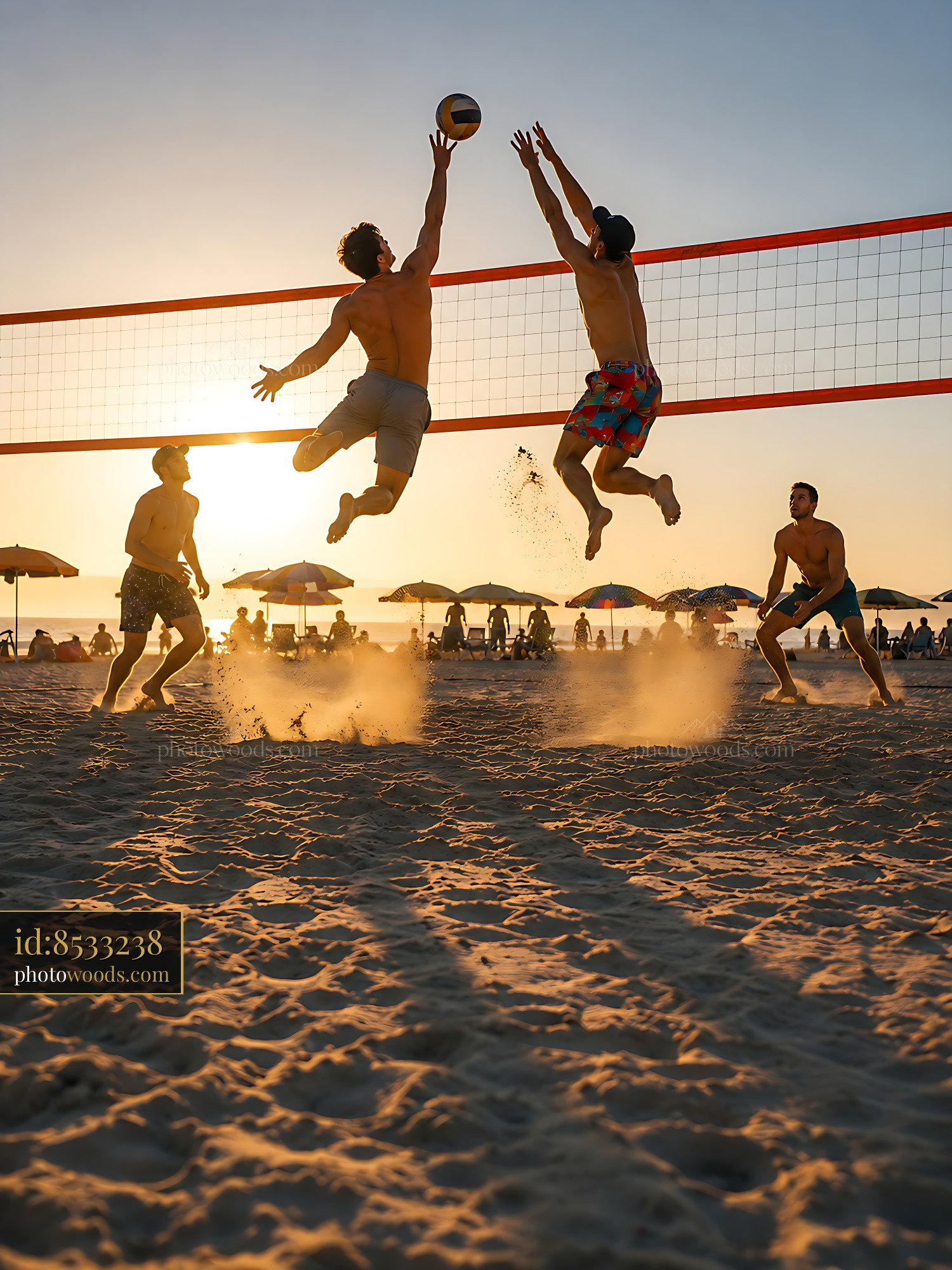 Volleyball Players Jumping at Sunset on the Beach