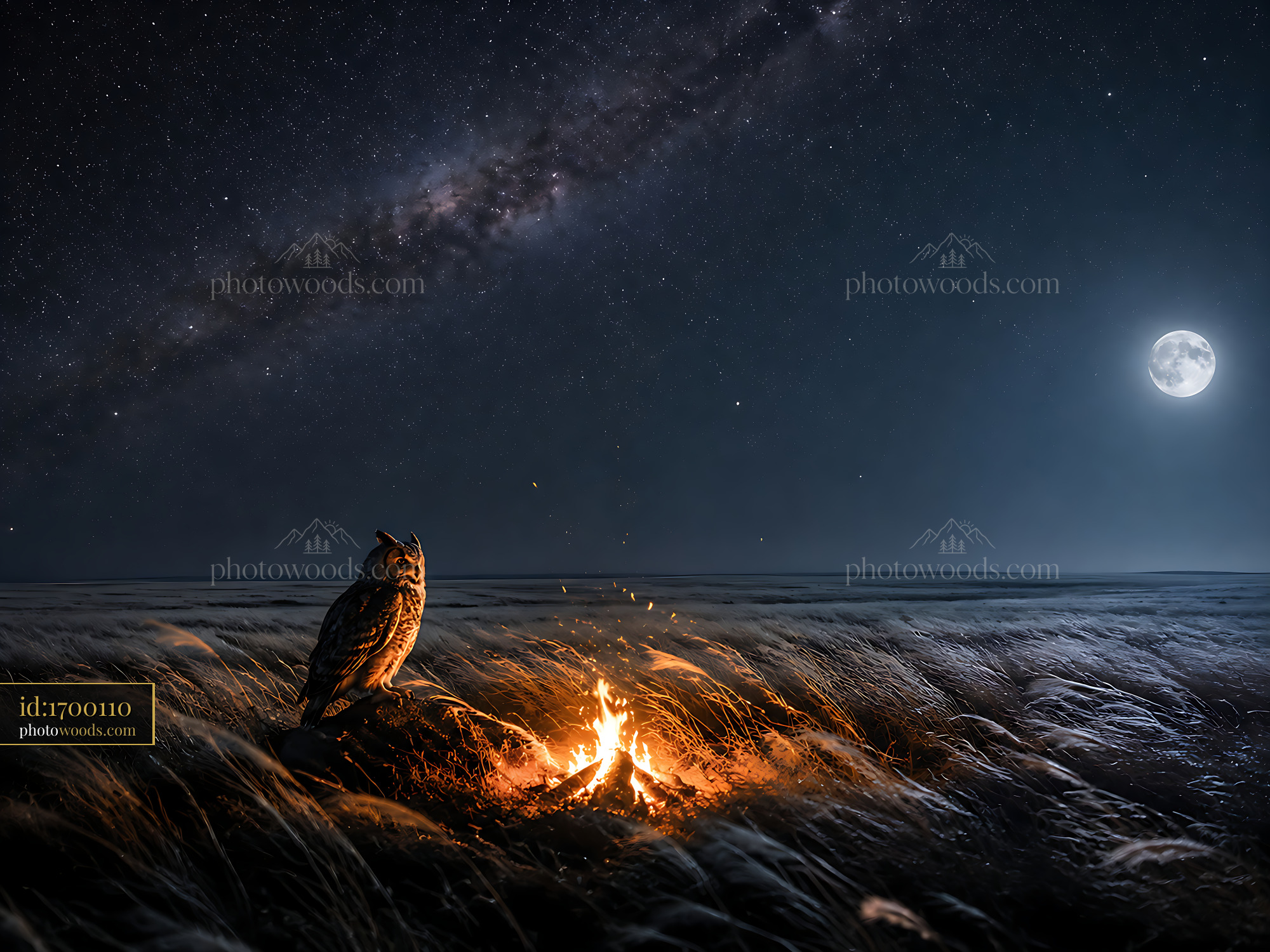 Owl Sits Near Fire Under the Night Sky With Shining Moon