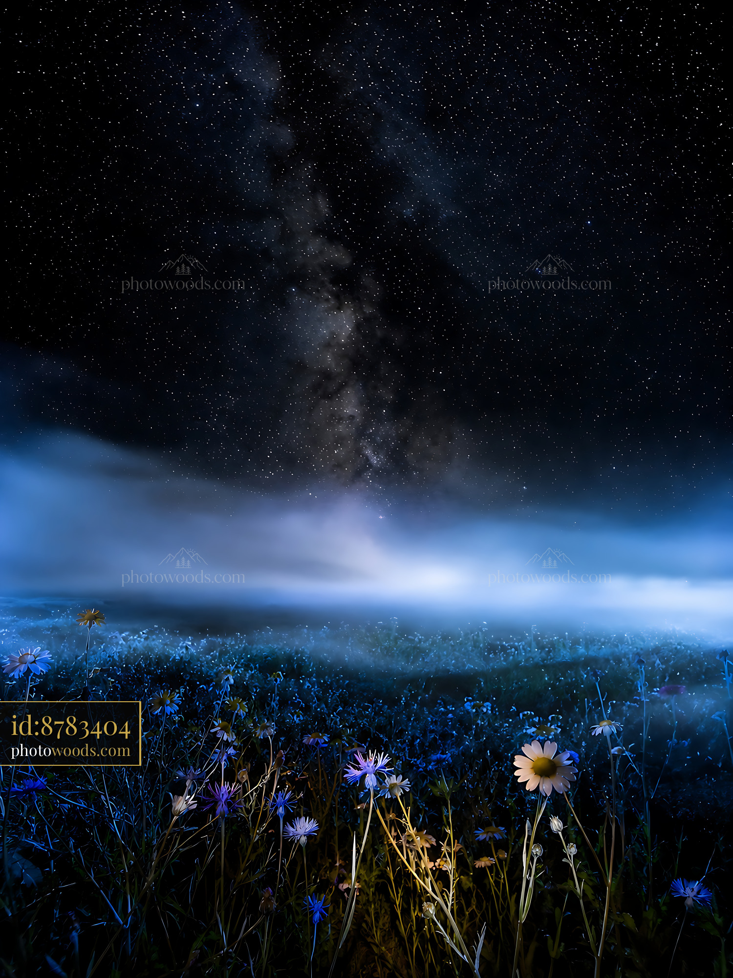 Night Sky Over Field of Flowers With Stars and Fog