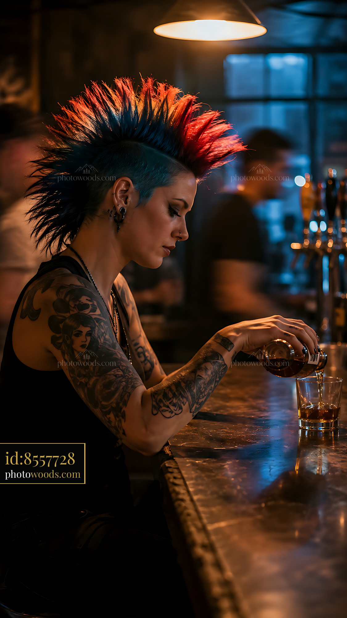 Woman With Colorful Hair Pours Drink at Bar Counter